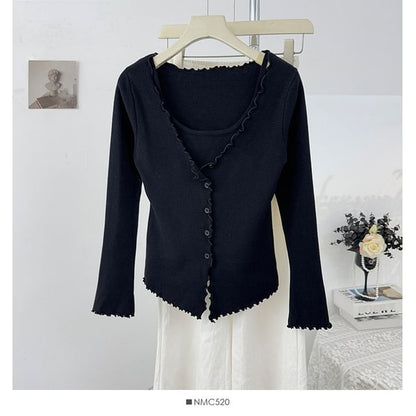 Ruffled-Trim Slim Mock Two-Piece Long Tee