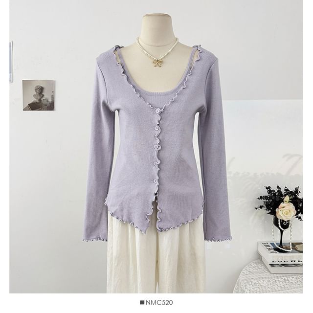 Ruffled-Trim Slim Mock Two-Piece Long Tee