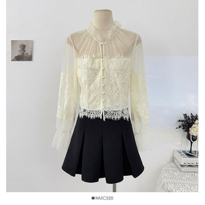 Sheer Lace-Panel Ruffle-Sleeve Blouse