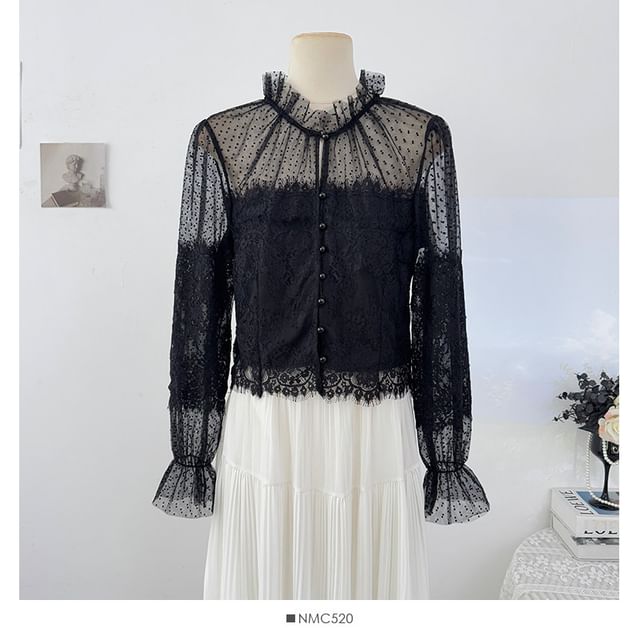 Sheer Lace-Panel Ruffle-Sleeve Blouse