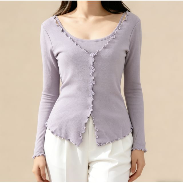 Ruffled-Trim Slim Mock Two-Piece Long Tee