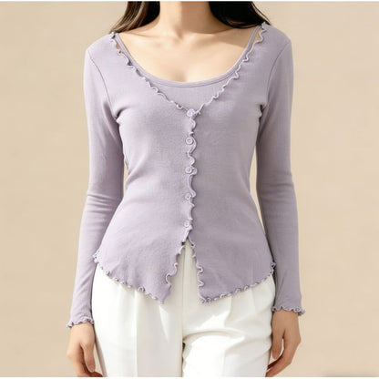 Ruffled-Trim Slim Mock Two-Piece Long Tee