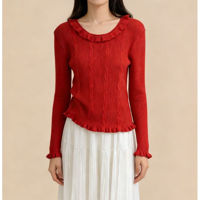 Ruffle-Trim Long-Sleeve Knit Pullover
