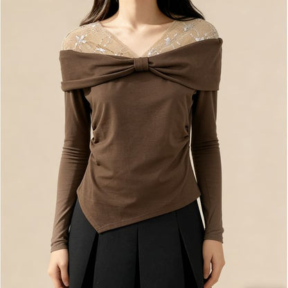 Glitter Asymmetric-Hem V-Neck Long Top