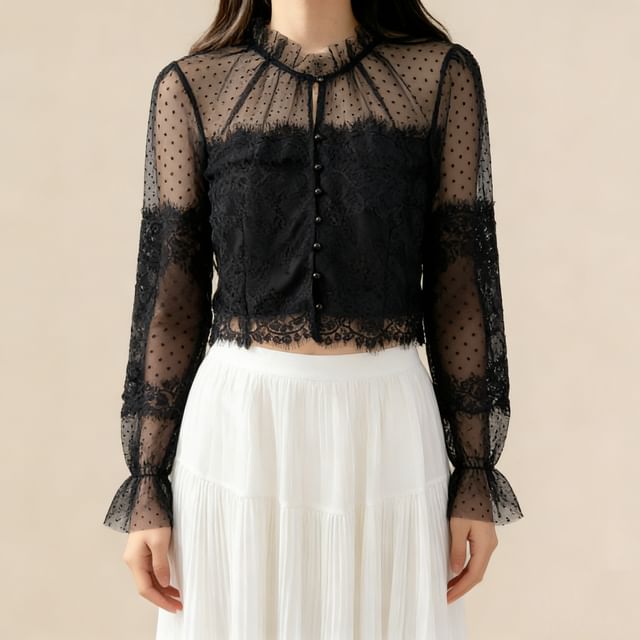Sheer Lace-Panel Ruffle-Sleeve Blouse