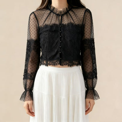 Sheer Lace-Panel Ruffle-Sleeve Blouse