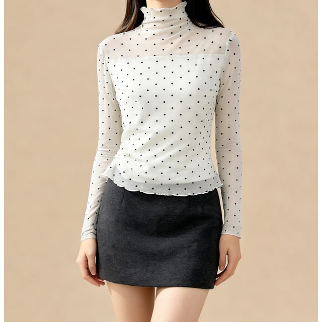 Polka-Dot Sheer Turtleneck Slim-Fit Top