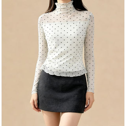 Polka-Dot Sheer Turtleneck Slim-Fit Top