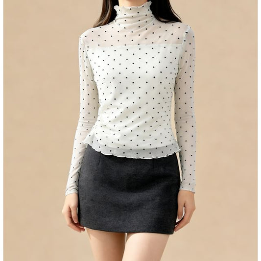 Polka-Dot Sheer Turtleneck Slim-Fit Top