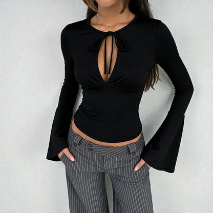 Keyhole Tie-Neck Bell-Sleeve Top