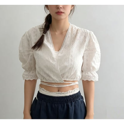 Elbow-Sleeve V-Neck Lace Trim Crop Blouse