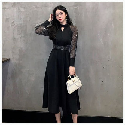 Puff-Sleeve Sequined Mesh Panel Keyhole A-Line Evening Gown