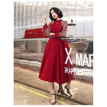 Puff-Sleeve Sequined Mesh Panel Keyhole A-Line Evening Gown