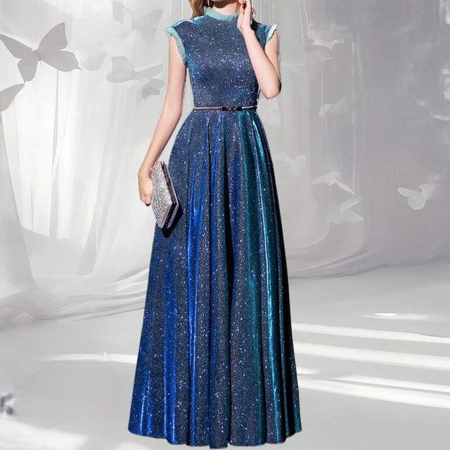 Sleeveless Glitter Ruffle Trim A-Line Evening Gown