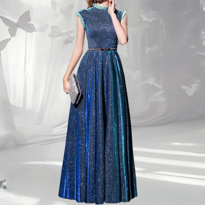 Sleeveless Glitter Ruffle Trim A-Line Evening Gown