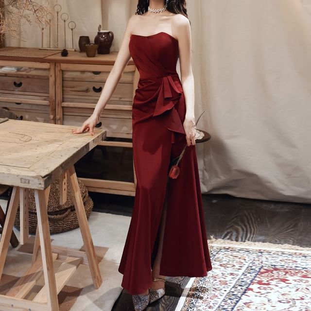 Strapless Asymmetrical Plain Ruffled Slit A-Line Evening Gown
