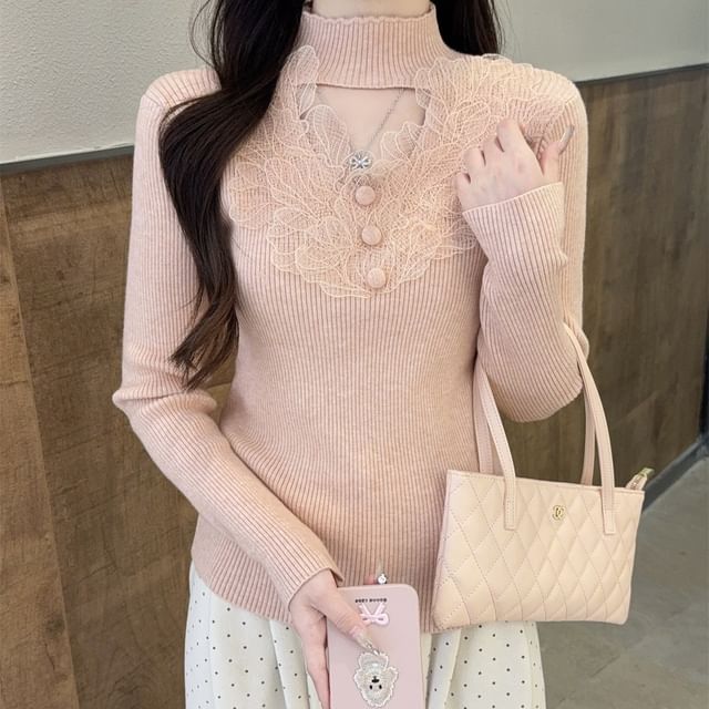 Ribbed Knit Mock Neck Lace Sweater
