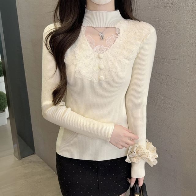 Ribbed Knit Mock Neck Lace Sweater