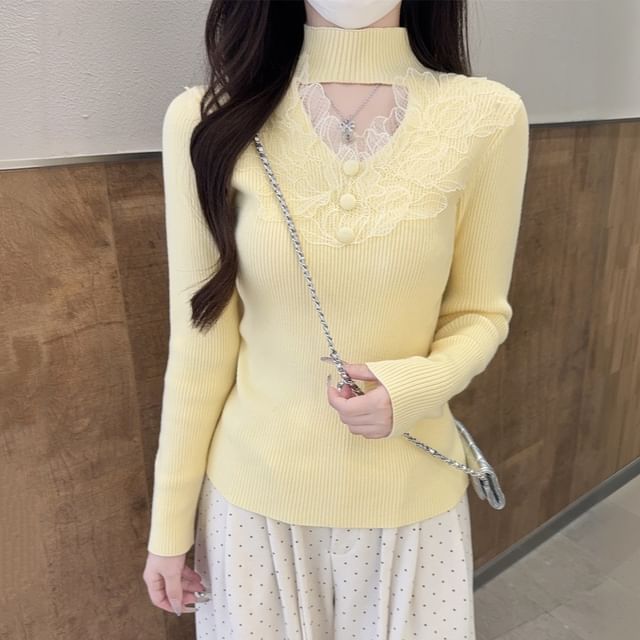 Ribbed Knit Mock Neck Lace Sweater