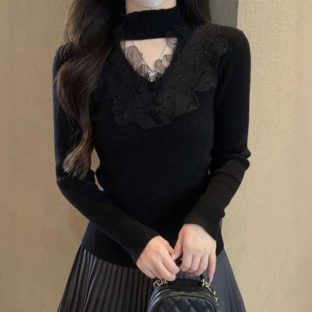 Ribbed Knit Mock Neck Lace Sweater