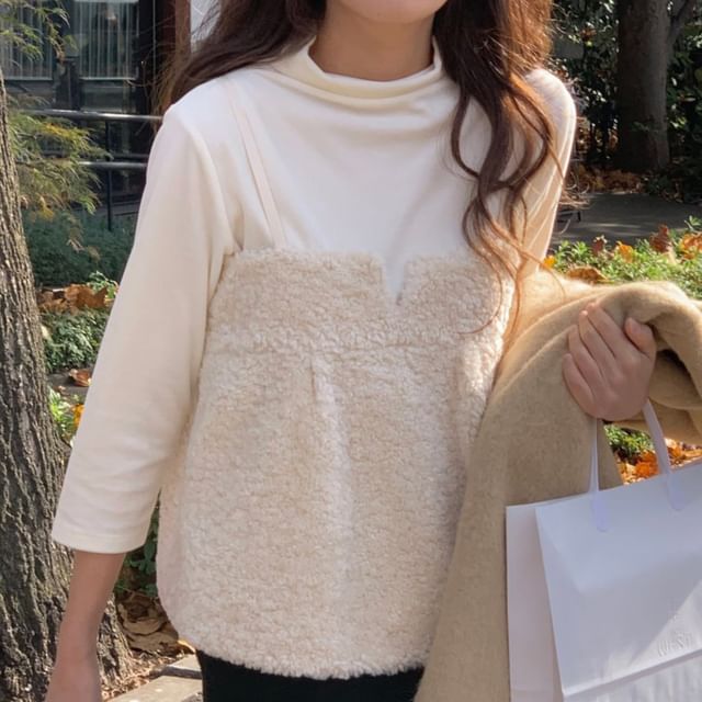 Faux Shearling Notch-Neck Camisole