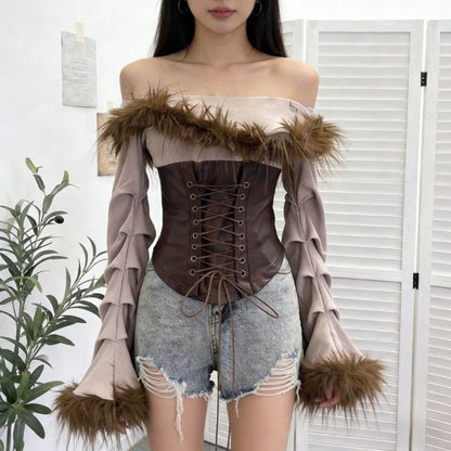 Off-Shoulder Faux Leather Crop Top with Fluffy Trim