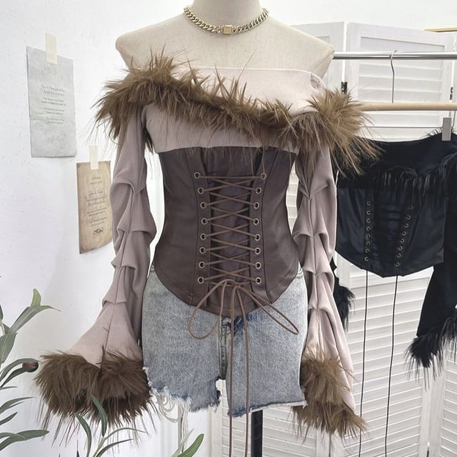 Off-Shoulder Faux Leather Crop Top with Fluffy Trim