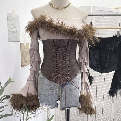 Off-Shoulder Faux Leather Crop Top with Fluffy Trim