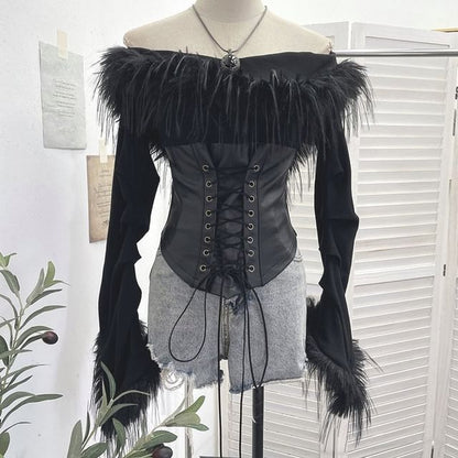 Off-Shoulder Faux Leather Crop Top with Fluffy Trim