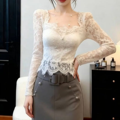 Extended Sleeve Square Neck Plain Lace Blouse
