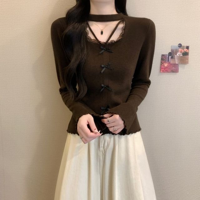 Extended Sleeve Square Neck Lace Trim Plain Blouse