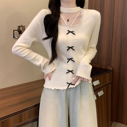 Extended Sleeve Square Neck Lace Trim Plain Blouse