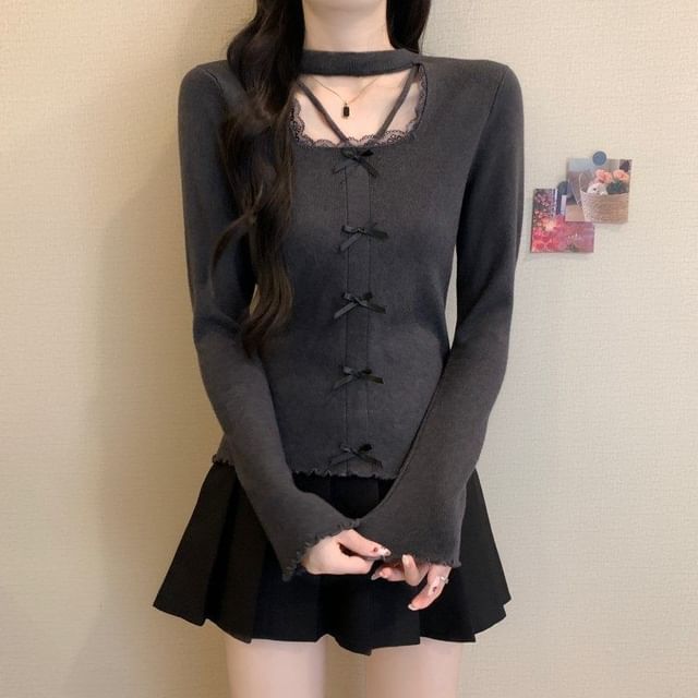 Extended Sleeve Square Neck Lace Trim Plain Blouse