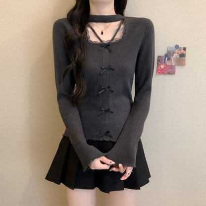 Extended Sleeve Square Neck Lace Trim Plain Blouse