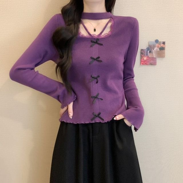 Extended Sleeve Square Neck Lace Trim Plain Blouse