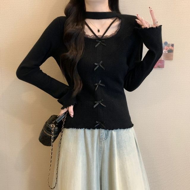 Extended Sleeve Square Neck Lace Trim Plain Blouse