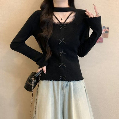 Extended Sleeve Square Neck Lace Trim Plain Blouse