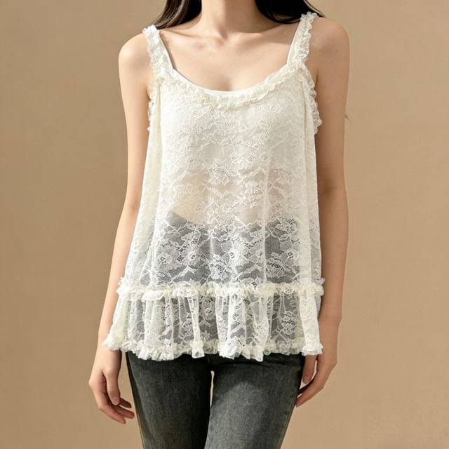 Scoop Neck See-Through Lace Tank