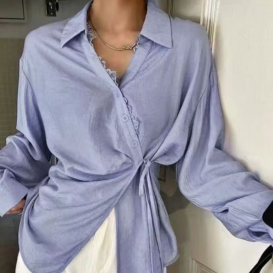 V-Neck Long Sleeve Lace-Trim Wrap Blouse