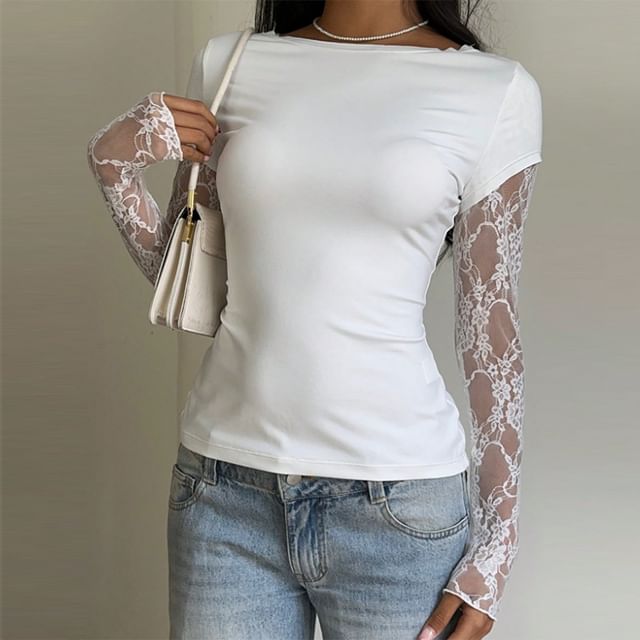 Mock Two Piece Lace Panel Slim-Fit Tee