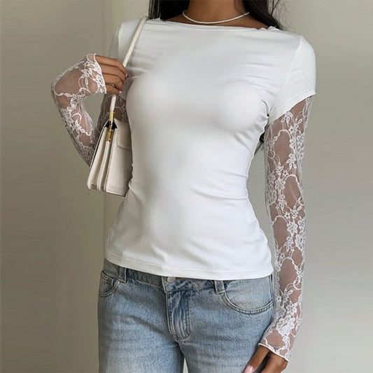 Mock Two Piece Lace Panel Slim-Fit Tee