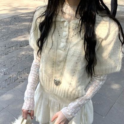 Extended Sleeve Mock Neck Lace Top / Short Sleeve Polo Sweater