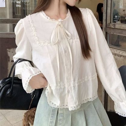 Crew Neck Button Up Vest / Extended Sleeve Tie Neck Lace Blouse