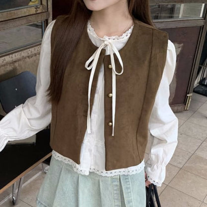 Crew Neck Button Up Vest / Extended Sleeve Tie Neck Lace Blouse