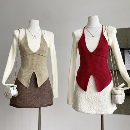 Mock Two-Piece Knit Top with Long Sleeves