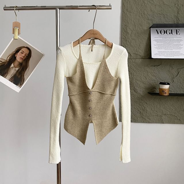 Mock Two-Piece Knit Top with Long Sleeves
