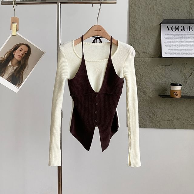 Mock Two-Piece Knit Top with Long Sleeves