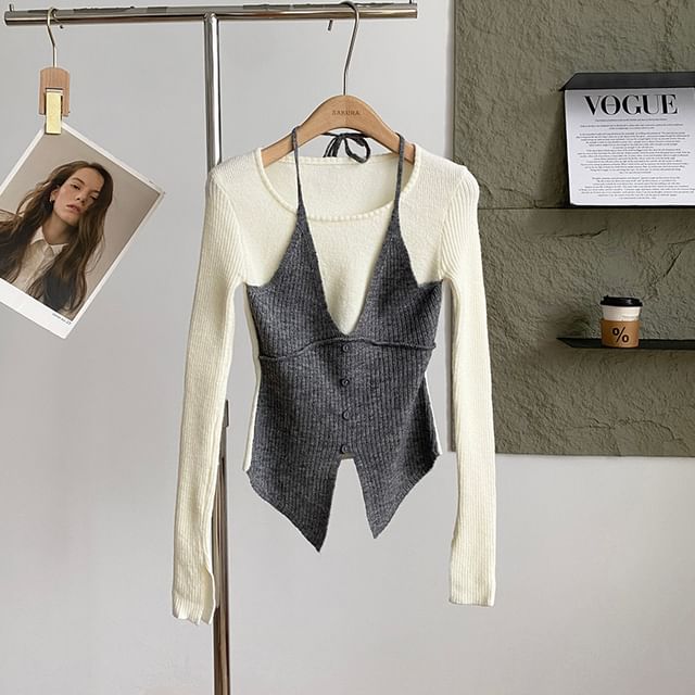 Mock Two-Piece Knit Top with Long Sleeves