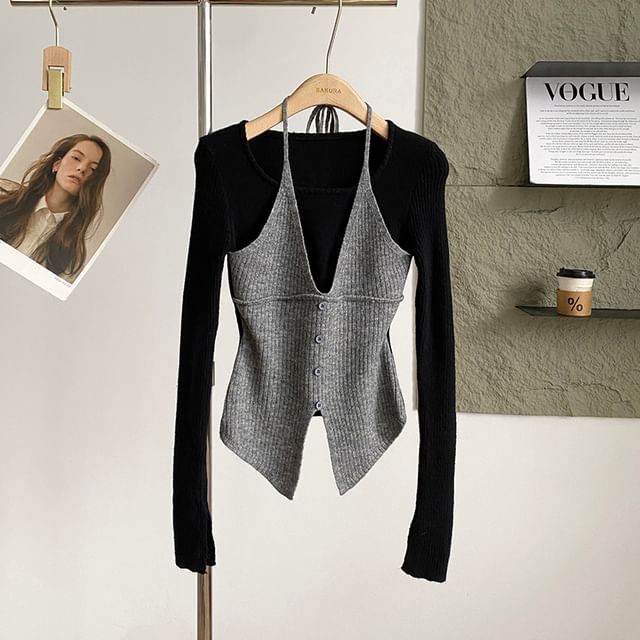 Mock Two-Piece Knit Top with Long Sleeves
