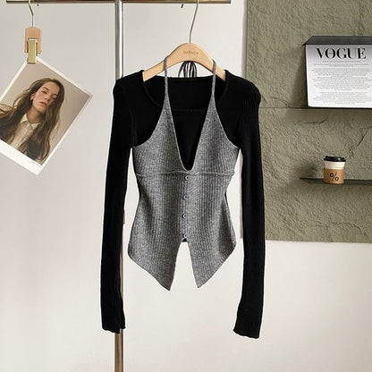 Mock Two-Piece Knit Top with Long Sleeves